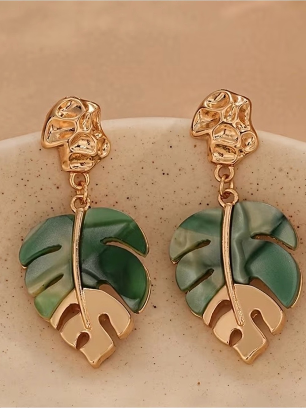 Gold and Green Monstera Leaf Drop Earrings - Women Jewelry